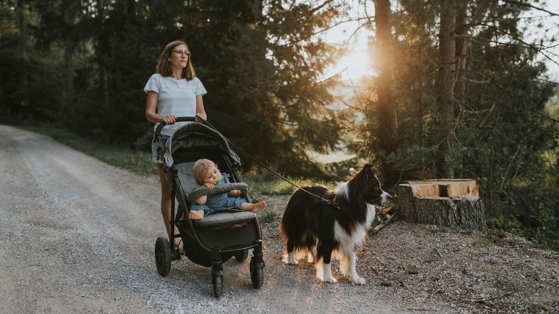Woman pushes pram while walking dog