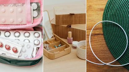 Find out what not to throw out when decluttering. Here are three of these things - a pink and green medicine bag with tablets in, a table with three wooden jewelry boxes, and a white looped cable on a wooden table and green mat