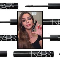 NARS mascara graphic featuring product packaging, mascara wands, and a beauty portrait highlighting defined, lengthened lashes