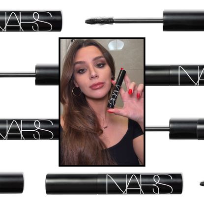 NARS mascara graphic featuring product packaging, mascara wands, and a beauty portrait highlighting defined, lengthened lashes