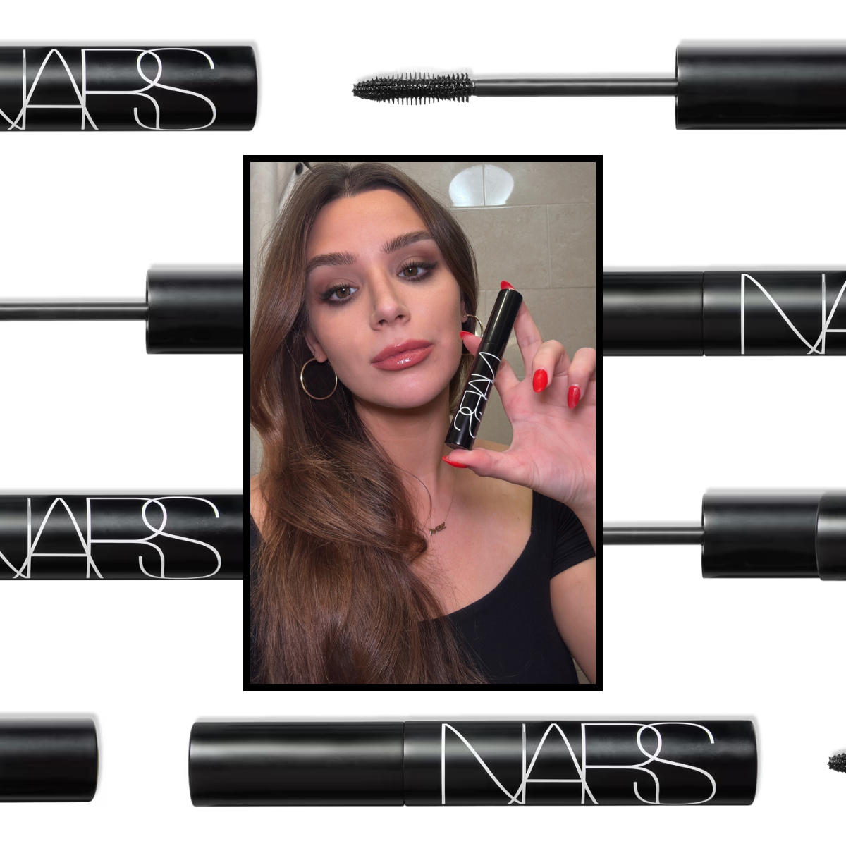 NARS mascara graphic featuring product packaging, mascara wands, and a beauty portrait highlighting defined, lengthened lashes