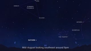 An illustration showing Saturn at opposition in the night sky of August 14