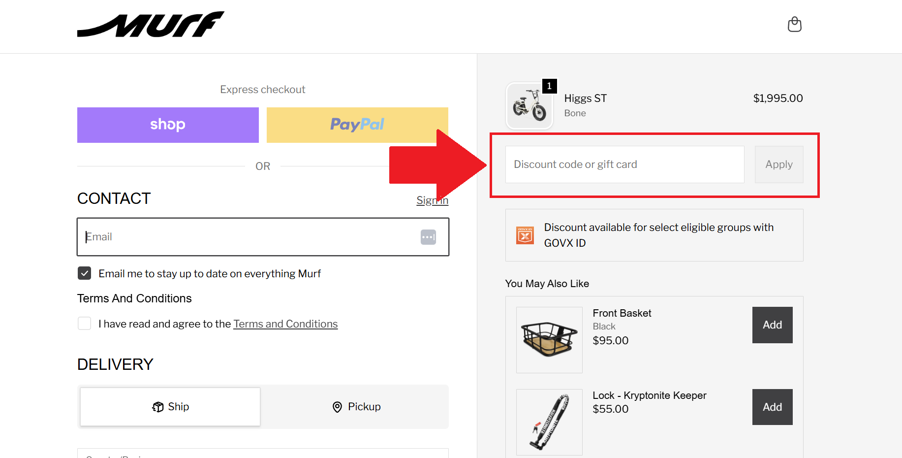 A screenshot of the murf electric bikes checkout page showing how to use a murf electric bikes promo code