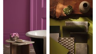 a purple bathroom with a crystal on a table and a green moodboard with fabrics and tiles