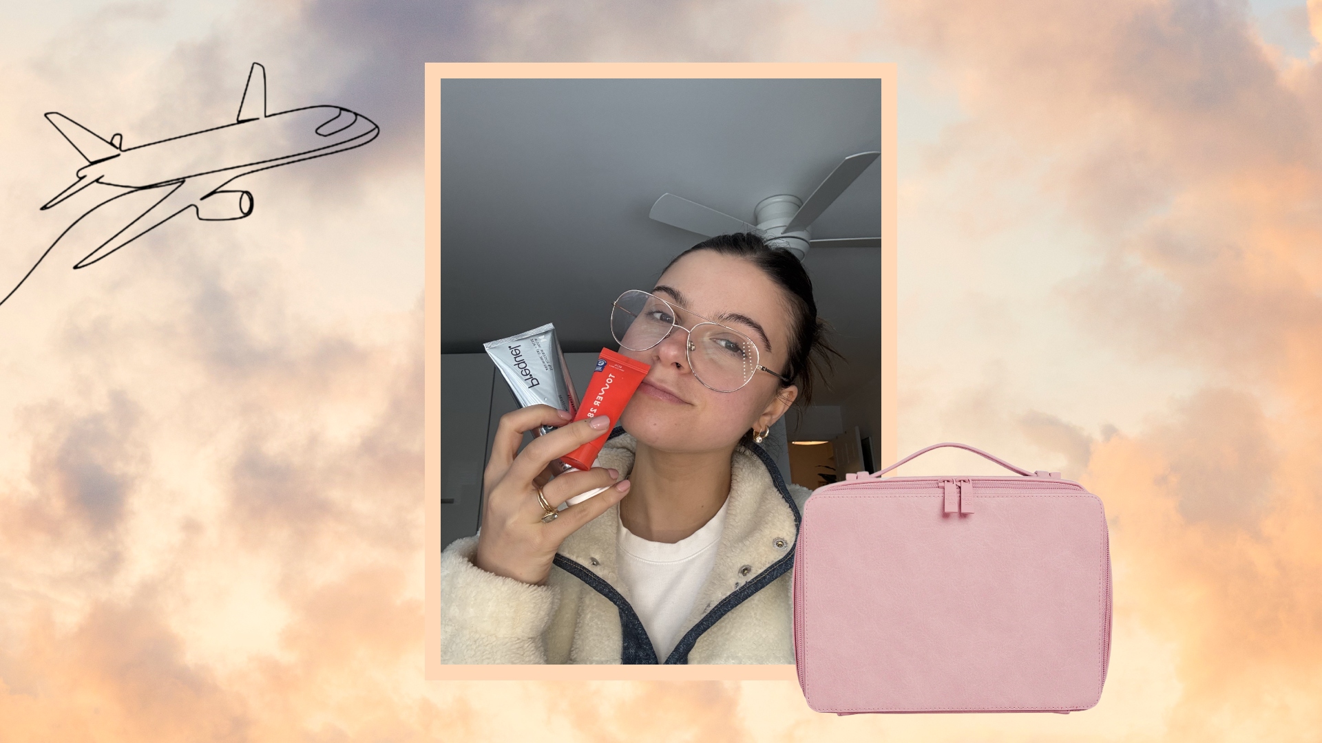 danielle hardman holding travel sized skincare on a sky background