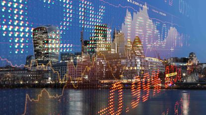 photocomposite of stock tickers over cityscape