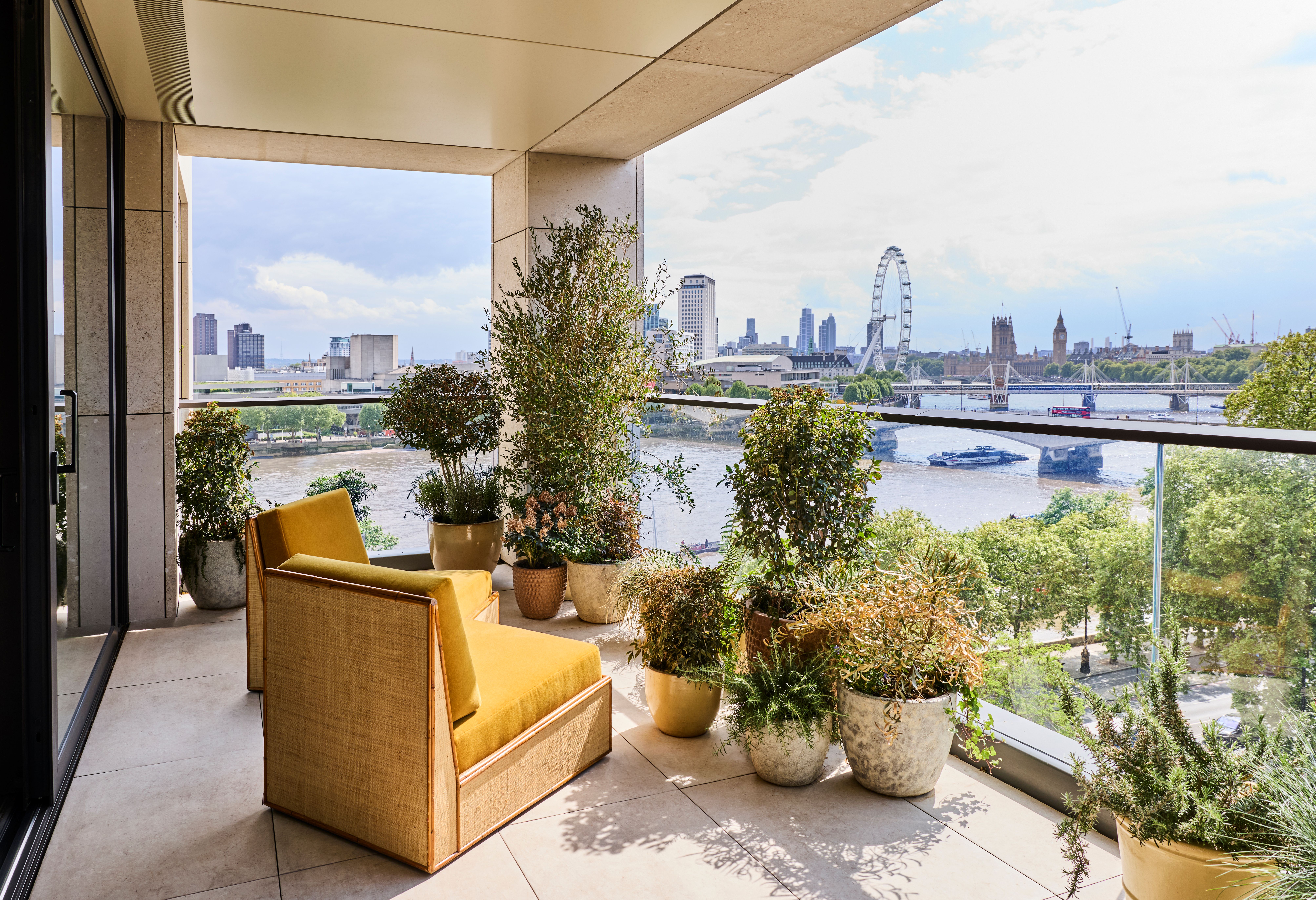 Panoramic view across the River Thames towards the London Eye and Westminster