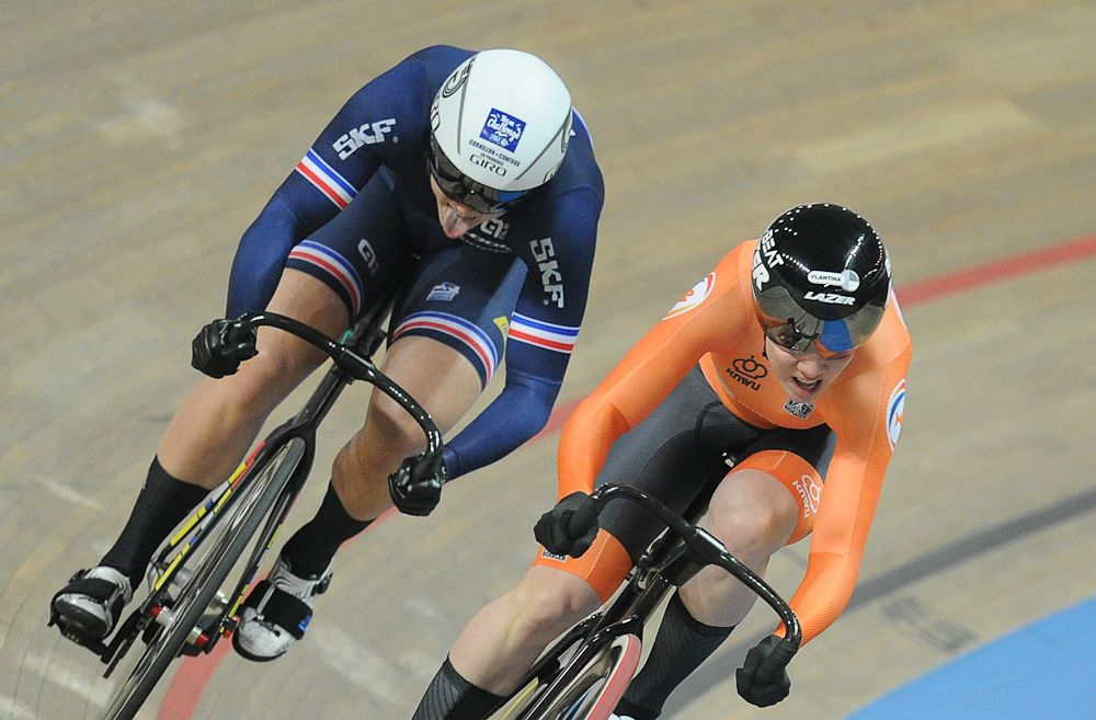 France's Mathilde Gros (L) and Laurine van Reissen from The Netherlands compete during the Women's Sprint Quarterfinals of the UCI Track Cycling World Championships