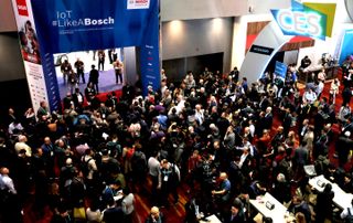  People wait to enter CES 2020 before the doors open at the Las Vegas Convention Center 