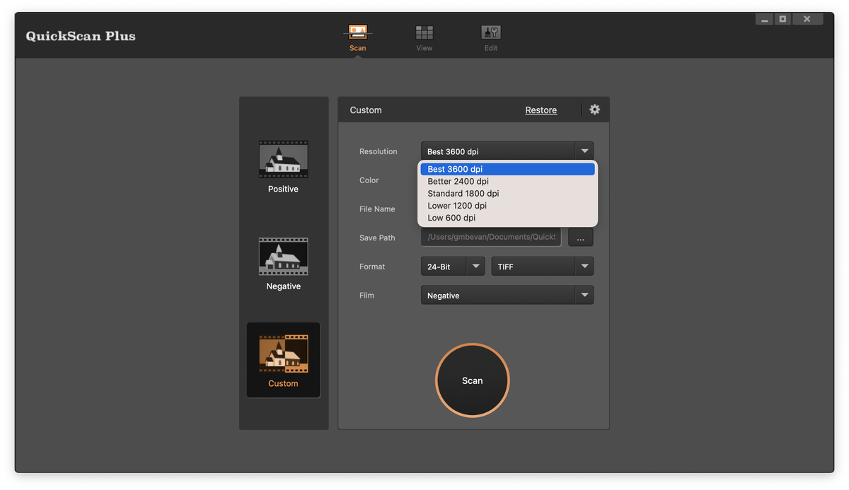 Screenshot from Plustek QuickScan Plus software showing the user interface