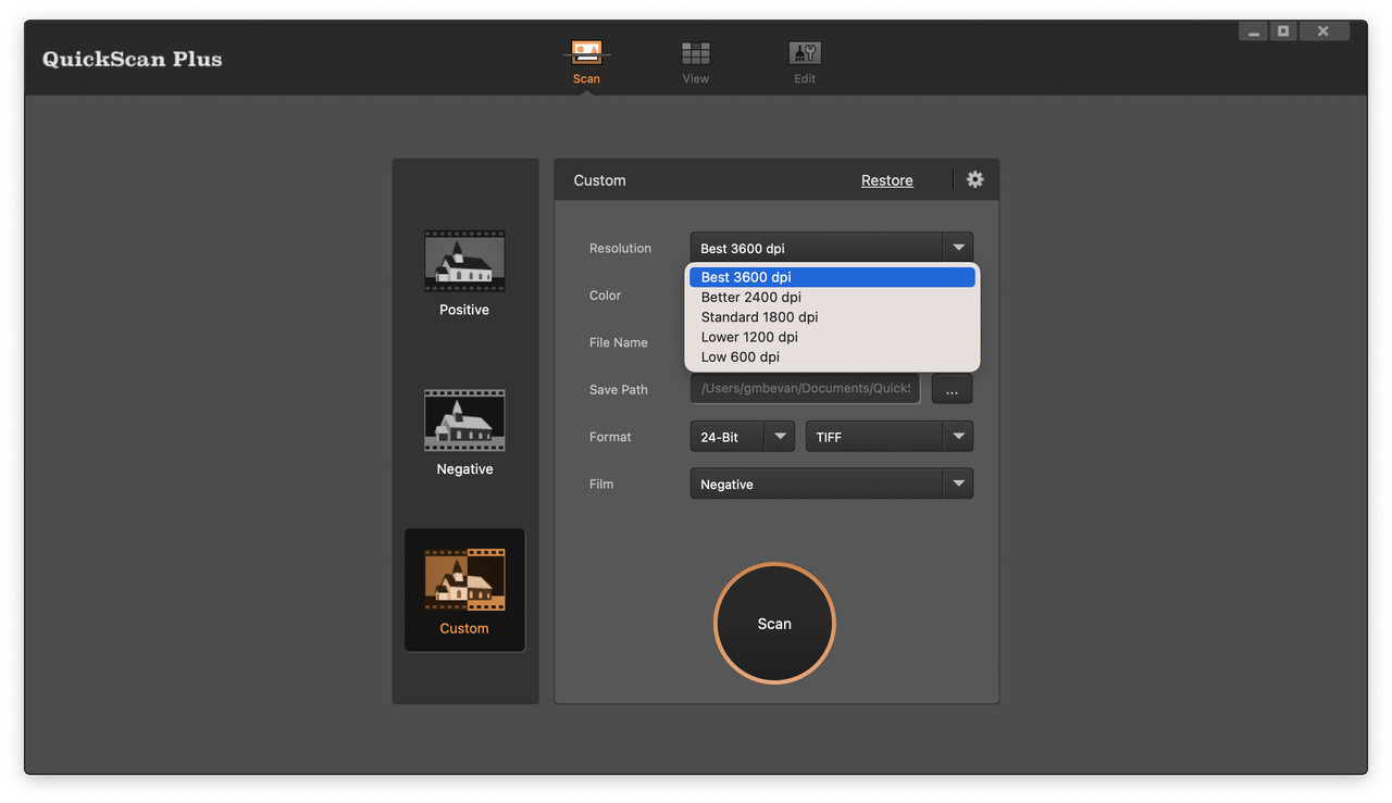 Screenshot from Plustek QuickScan Plus software showing the user interface