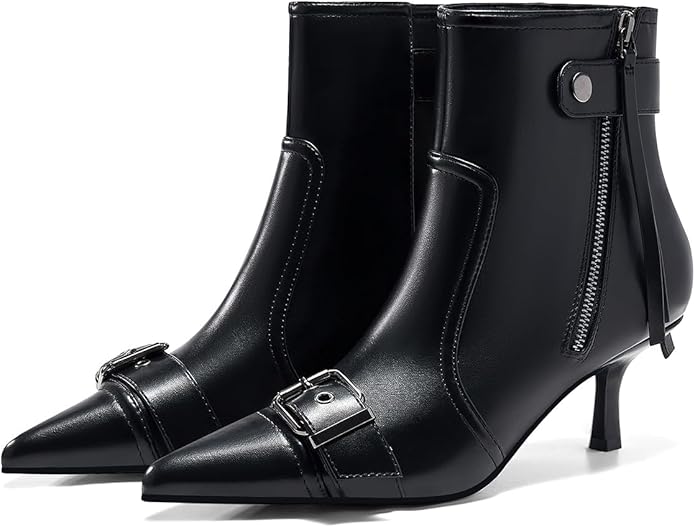 Coutgo, Coutgo Womens Kitten Heel Ankle Boots Pointed Toe Buckle Side Zipper Tassel Fall Winter Booties Shoes, Black, Size 9.5