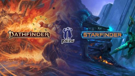 Paizo, Pathfinder, and Starfinder logos on artwork for both games