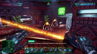 A first-person screenshot of the System Shock remake, showing our protagonist's hands holding an energy weapon as they face down two mutant enemies.