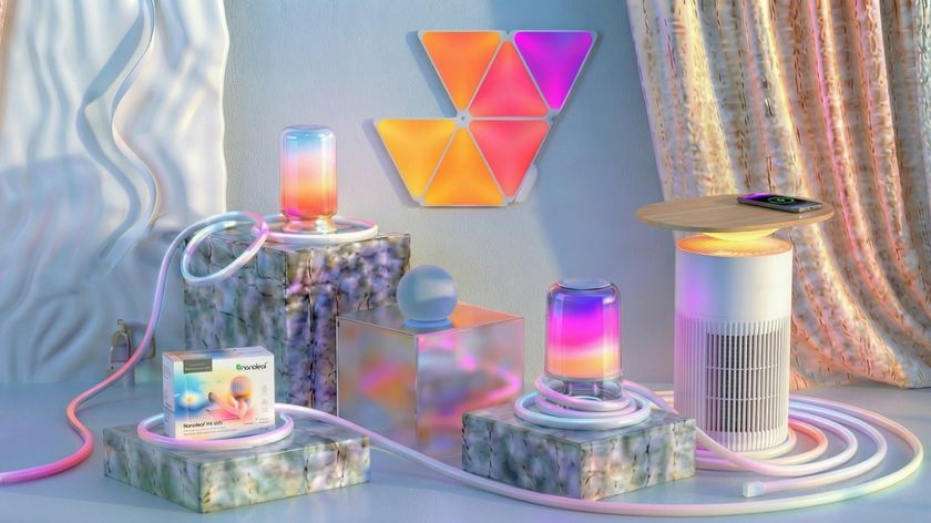 A collection of smart home devices are displayed on plinths.