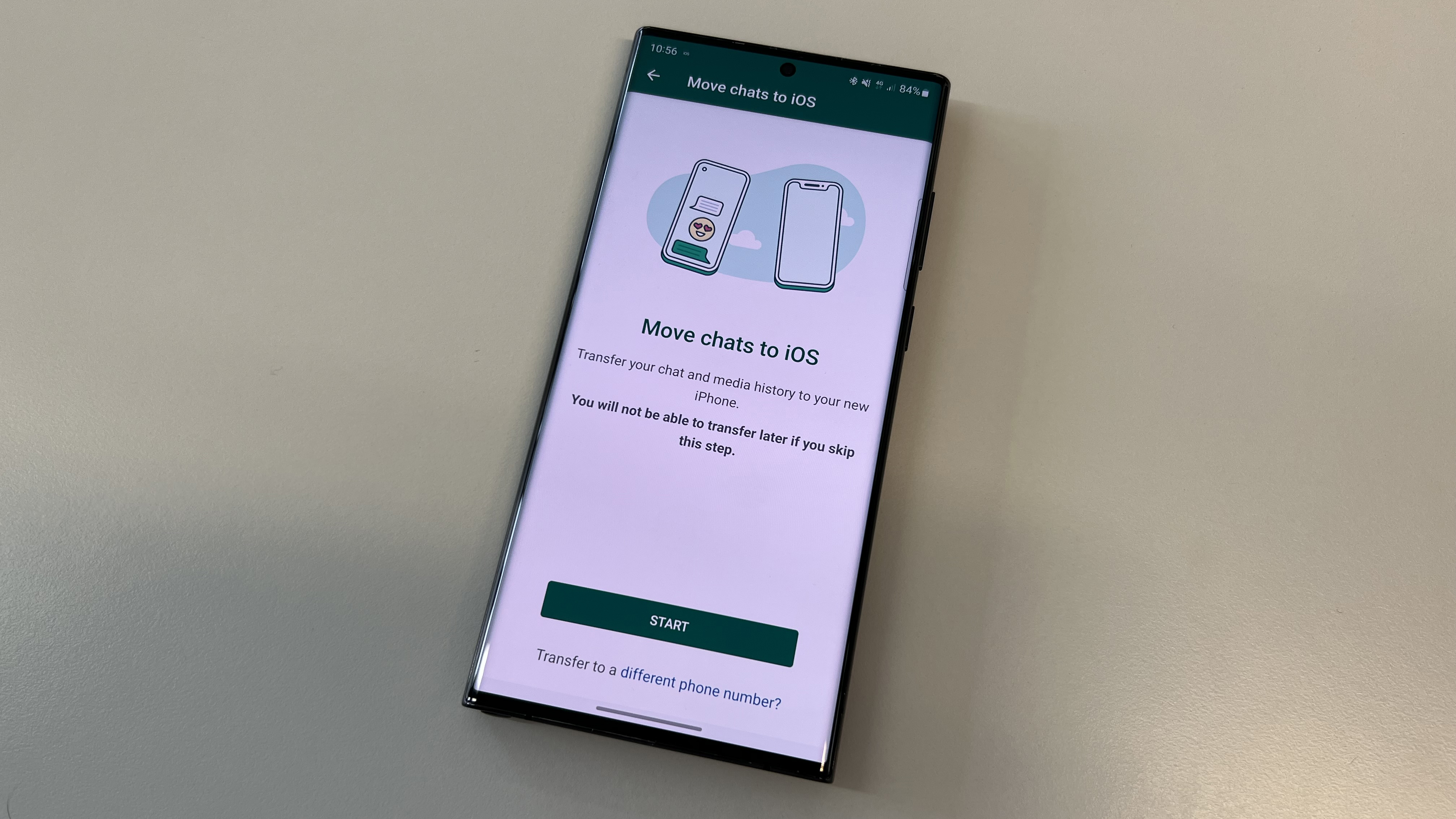 A Samsung Galaxy S22 Ultra, requesting to start transferring WhatsApp data