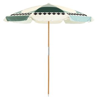 A green patterned sun umbrella