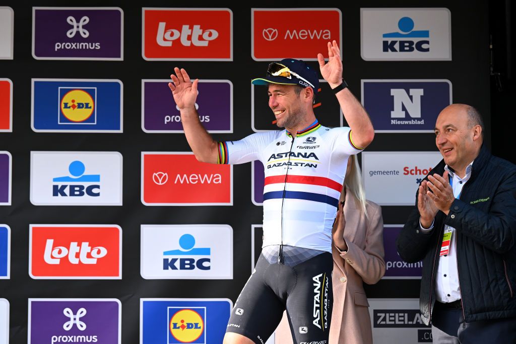 SCHOTEN BELGIUM APRIL 05 Mark Cavendish of The United Kingdom and Astana Qazaqstan Team on third place poses on the podium ceremony after the 111th Scheldeprijs 2023 Mens Elite a 2053km one day race from Terneuzen to Schoten on April 05 2023 in Schoten Belgium Photo by Luc ClaessenGetty Images