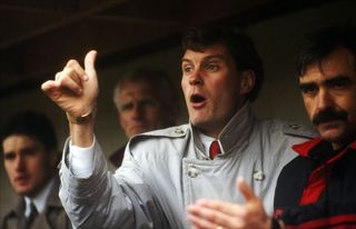 Swindon Town player manager Glenn Hoddle reacts during a match between Swindon Town and Watford at the County ground on April 6, 1991 in Swindon, England. 