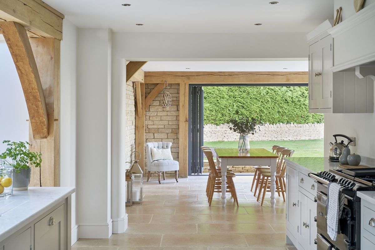 view from kitchen through dining room in oak frame extension