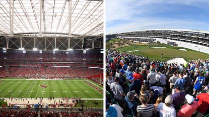 Side by side images of fans inside State Farm Stadium and TPC Scottsdale