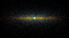 A digital image showing thousands of blue and orange dots surrounding a white circle representing the Earth