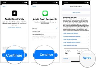 To set up Apple Cash Family, choose Continue, then select who your child or teen can send Apple Cash cash to, then tap Continue. Choose Agree after reading the Terms and Conditions page.