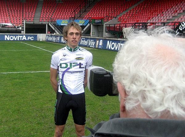 British rider Daniel Fleeman has his portrait snapped at the launch of the DFL-Cyclingnews-Litespeed squad on the pitch at the McDOS Goffertstadion in Nijmegen, Holland, on February 26, 2007.
