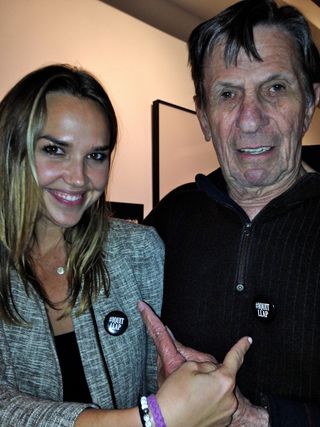 Leonard Nimoy (Spock on "Star Trek") and family friend and actress Arielle Kebbel wearing "I Quit" buttons, representing the decision to quit smoking.
