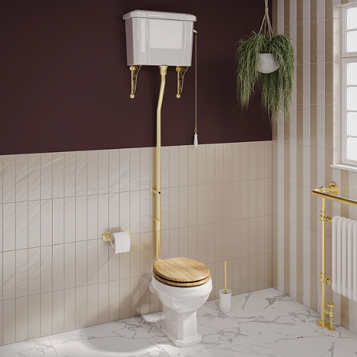Victorian Plumbing, Carlton Brushed Brass Traditional High Level Toilet with Soft Close Seat