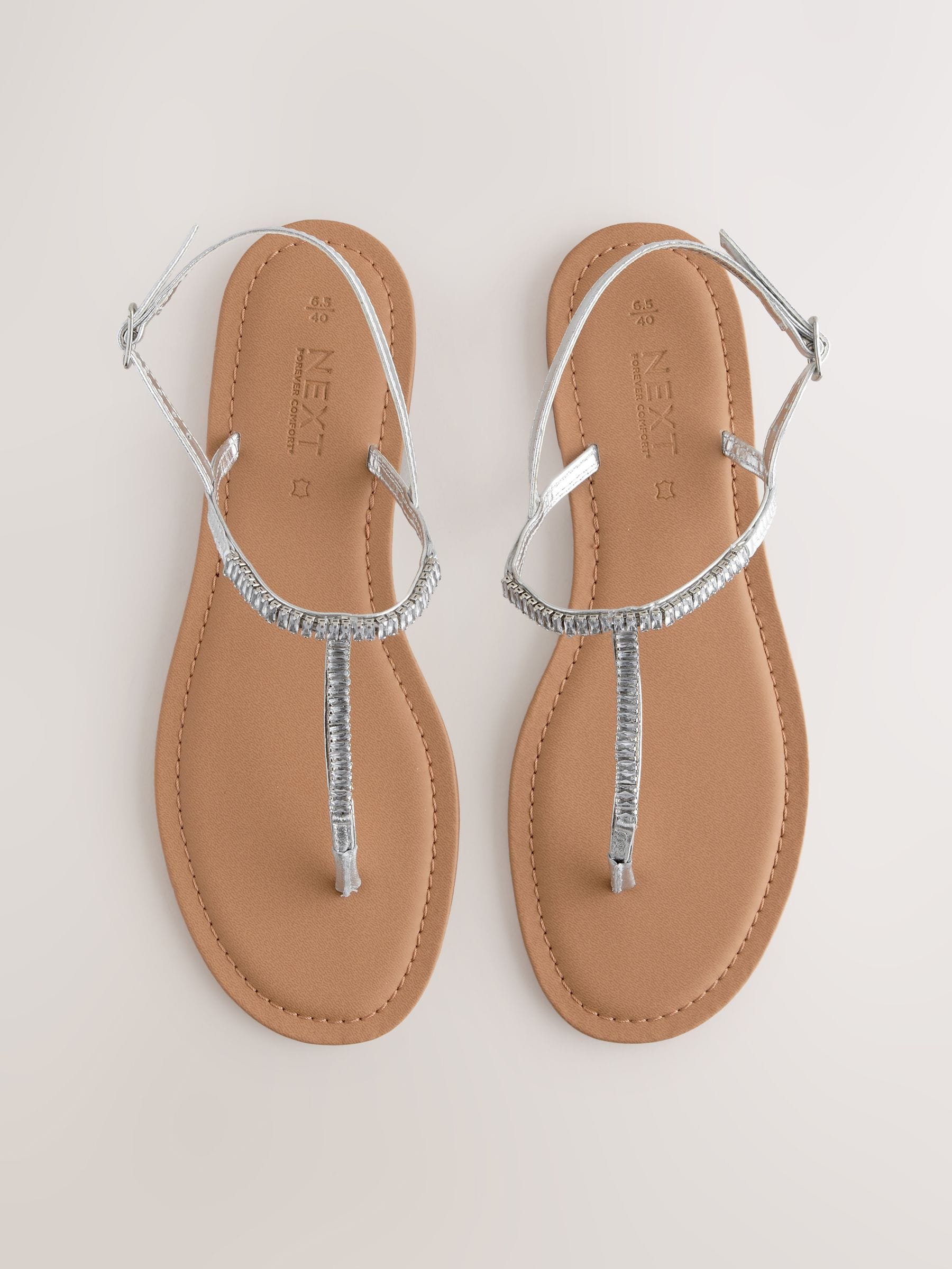 Silver Leather Standard/wide Fit Forever Comfort® Jewelled T-Bar Toe Thong Sandals