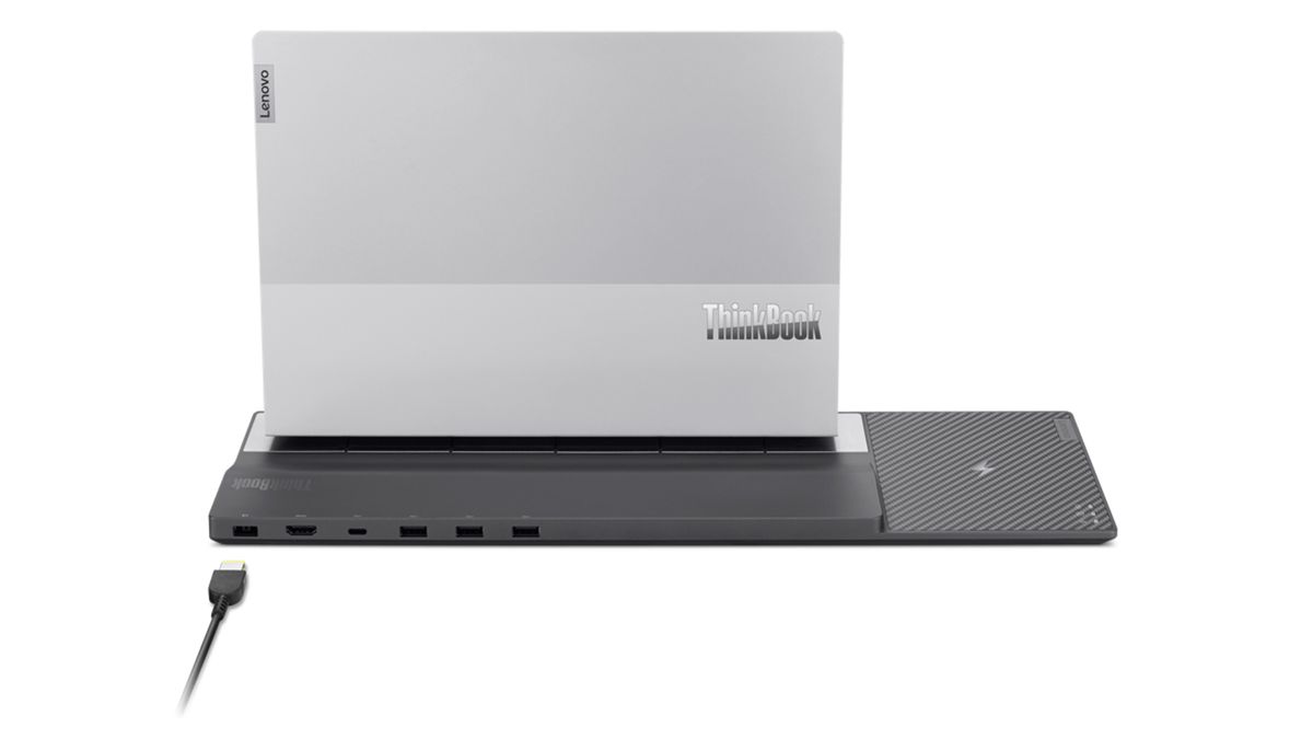Lenovo Wireless Dock for ThinkBook 13x (Gen 2) with laptop docked, seen from the back.