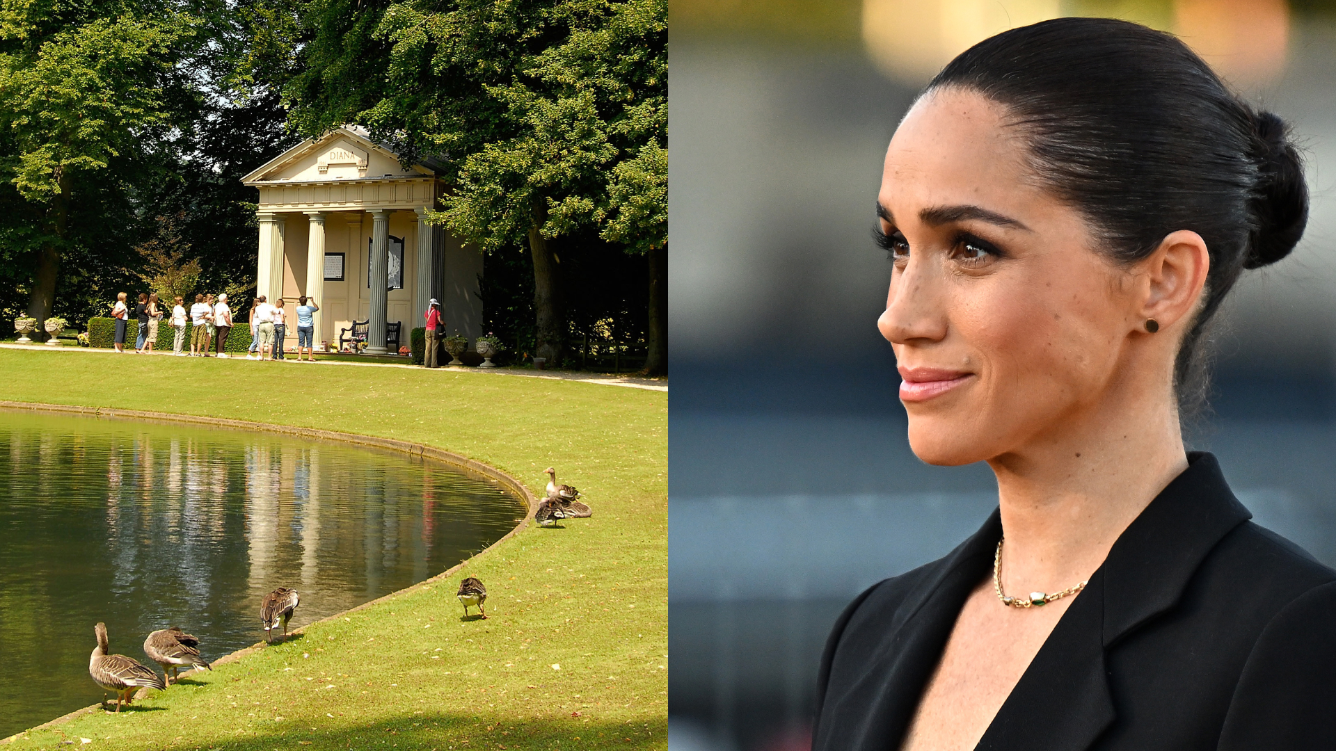 A split image of Althorp House and Meghan Markle in a black suit