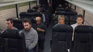 Danny Devito, Rob McElhenney, Charlie Day, Kaitlin Olson, and Glenn Howerton on a bus in It's Always Sunny in Philadelphia.