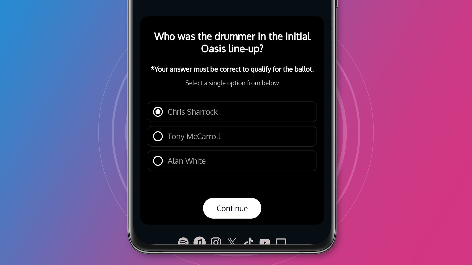 A phone screen on a pink and blue background showing the Oasis pre-sale sign-up page