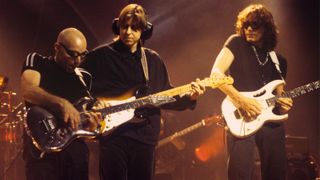 (L-R) Joe Satriani, Eric Johnson and Steve Vai perform at the Beacon Theatre in New York City on October 25, 1996.