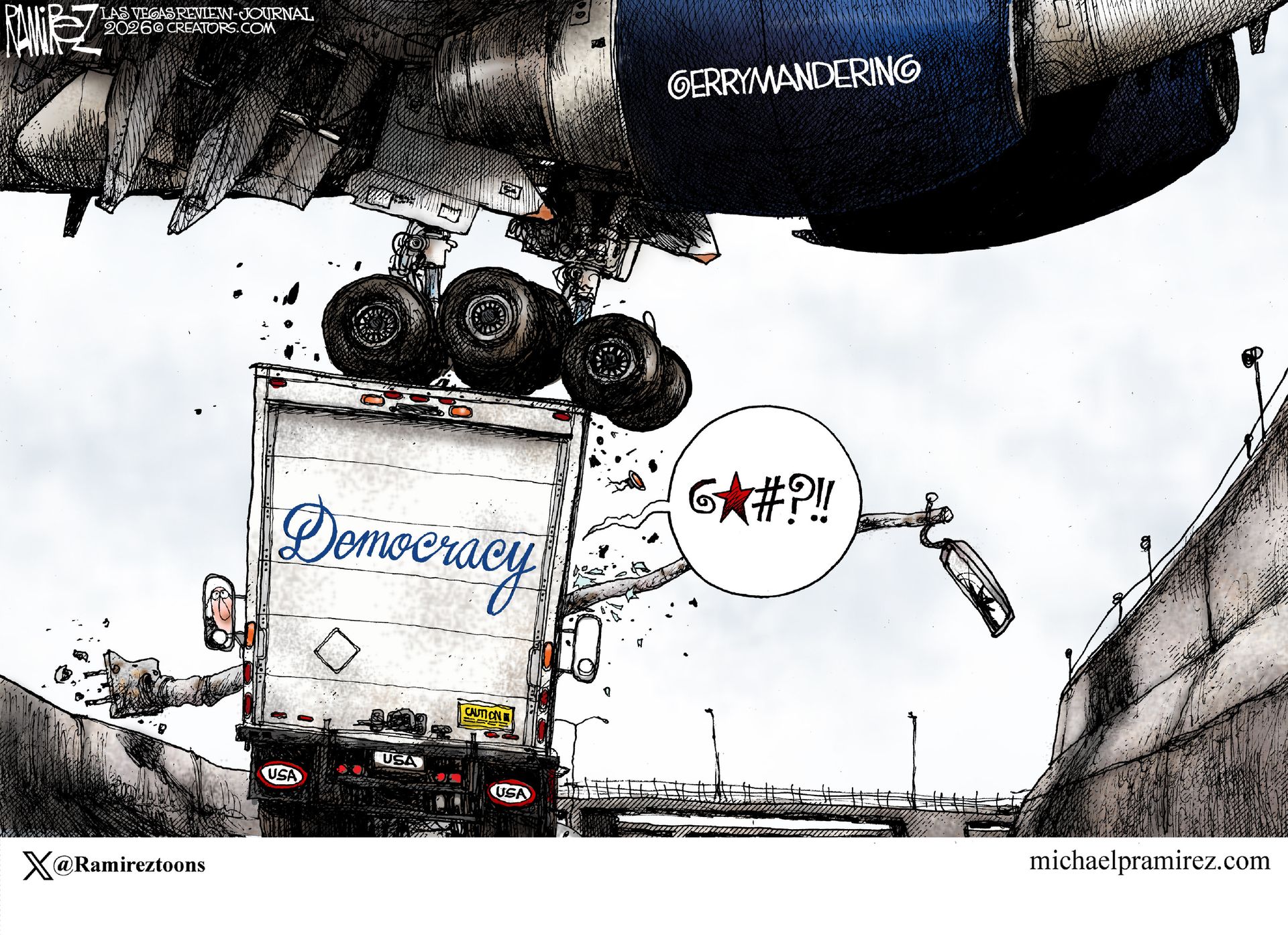 
                                This cartoon is a takeoff on the recent incident at Newark Airport where a jet clipped a light pole before landing. The event caused a truck to crash. In this version, the truck is labeled “Democracy” and the plane landing above is labeled “Gerrymandering”.
                            