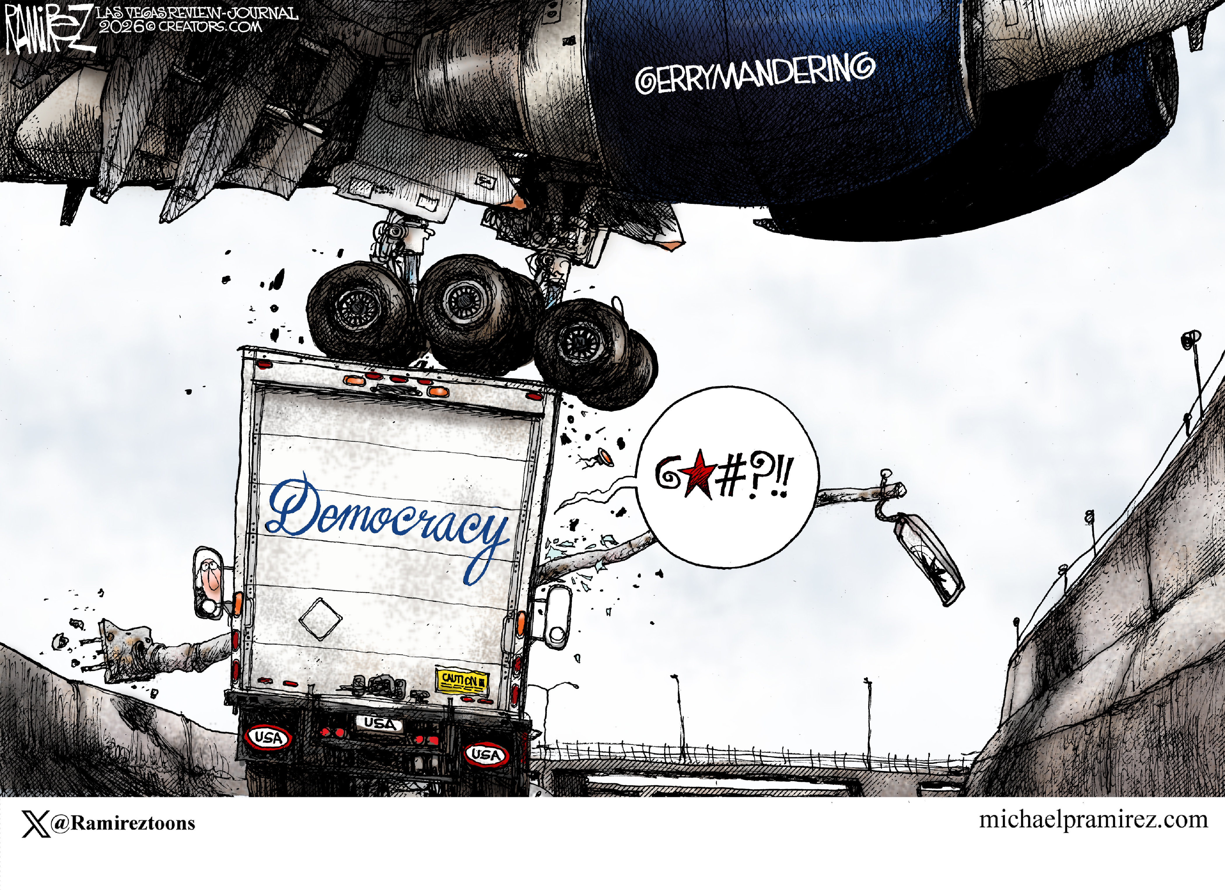 This cartoon is a takeoff on the recent incident at Newark Airport where a jet clipped a light pole before landing. The event caused a truck to crash. In this version, the truck is labeled &amp;ldquo;Democracy&amp;rdquo; and the plane landing above is labeled &amp;ldquo;Gerrymandering&amp;rdquo;.