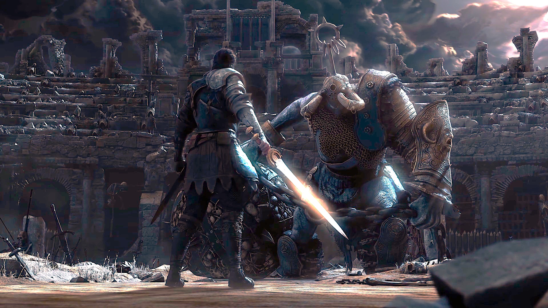 A armored warrior holding a glowing sword faces a large, hulking creature in heavy metal armor within the ruins of a stone amphitheater arena.