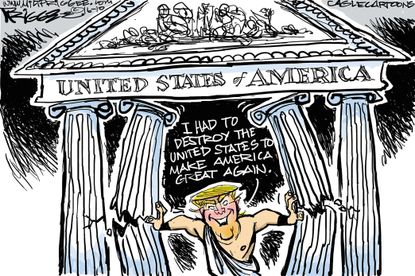 Political cartoon U.S. 2016 election Donald Trump Greece destruction