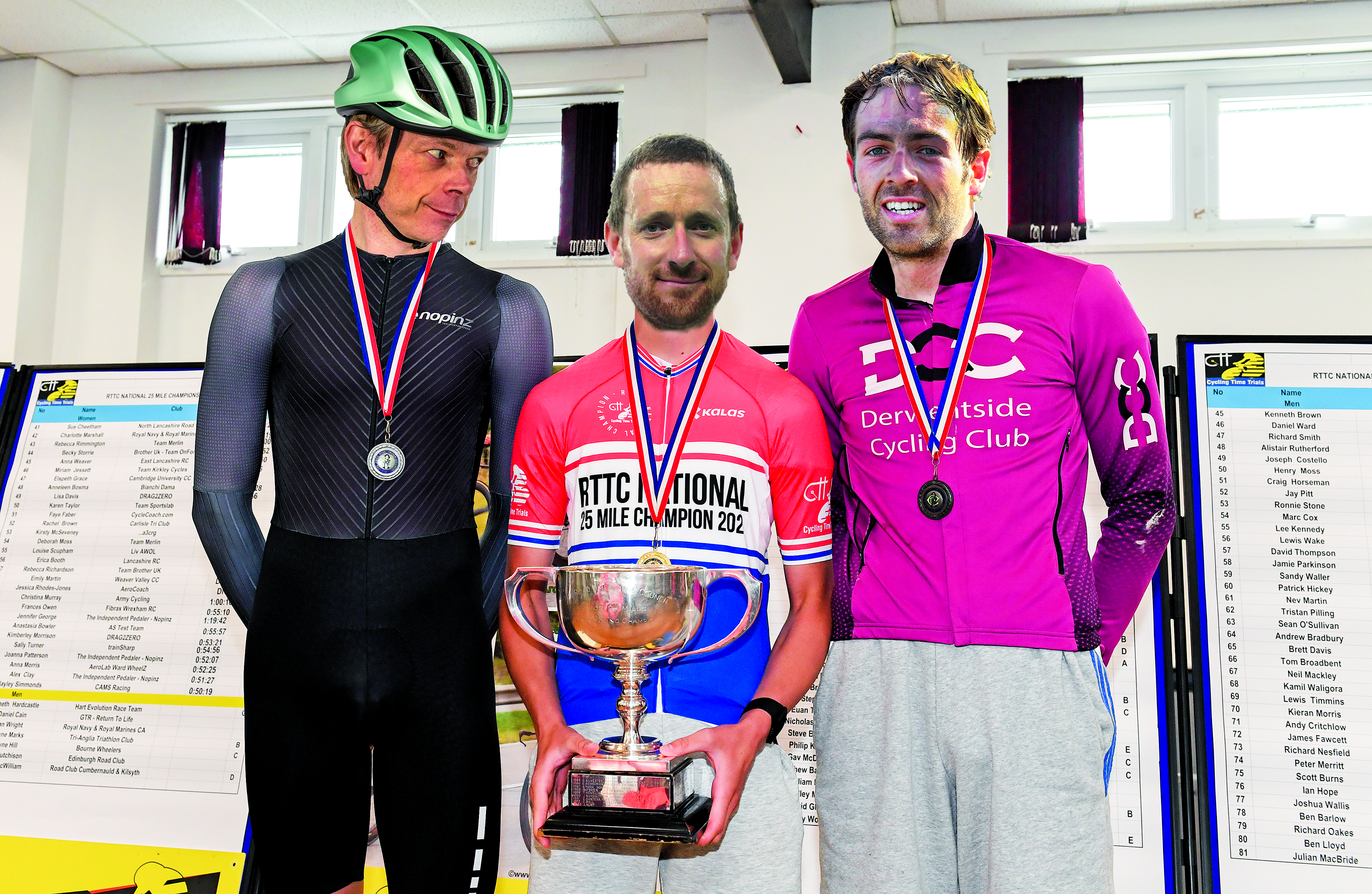 Collage of three riders on a podium
