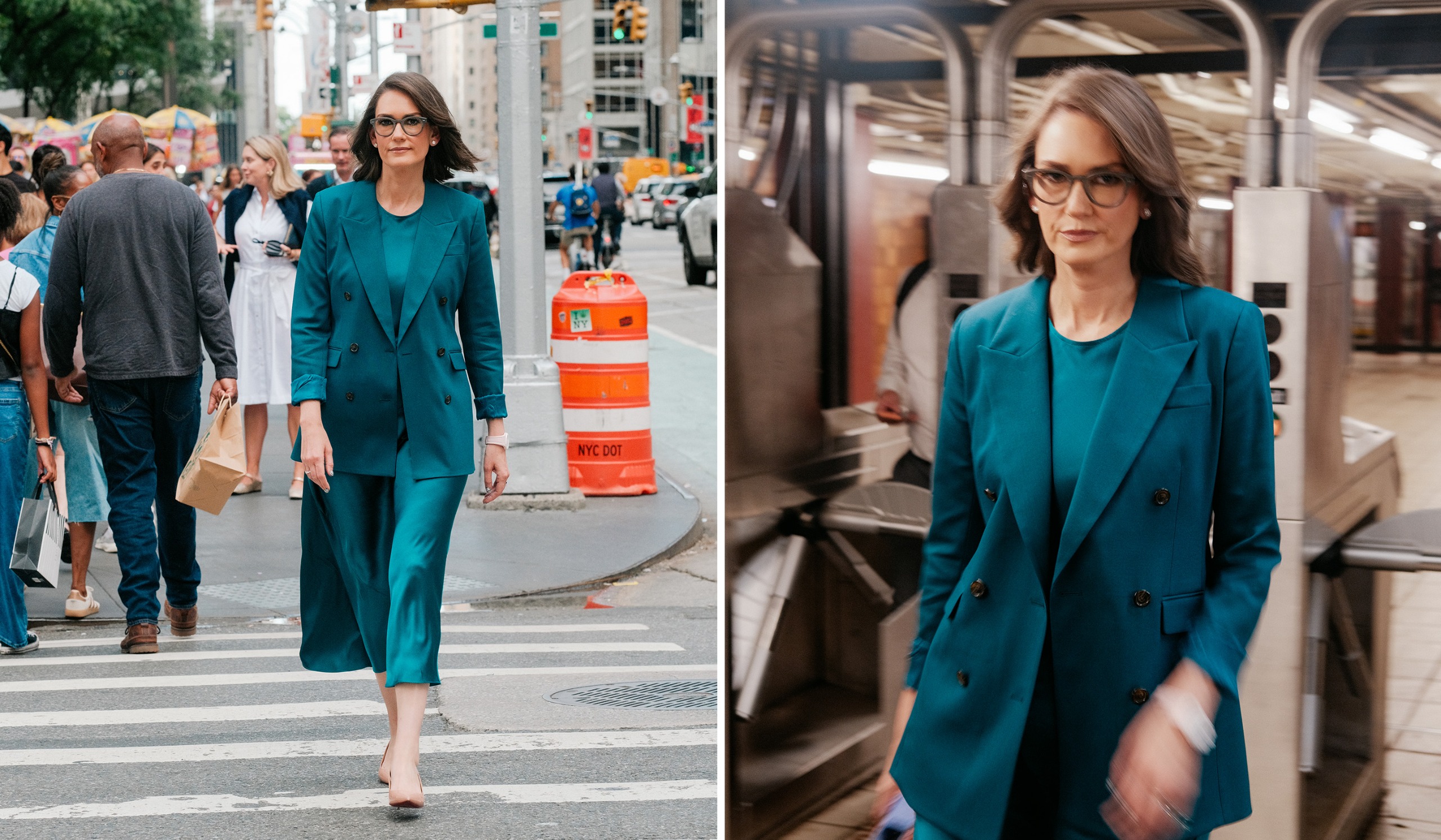 Jessica Tarlov walks through Midtown Manhattan and a subway station wearing a teal pantsuit.