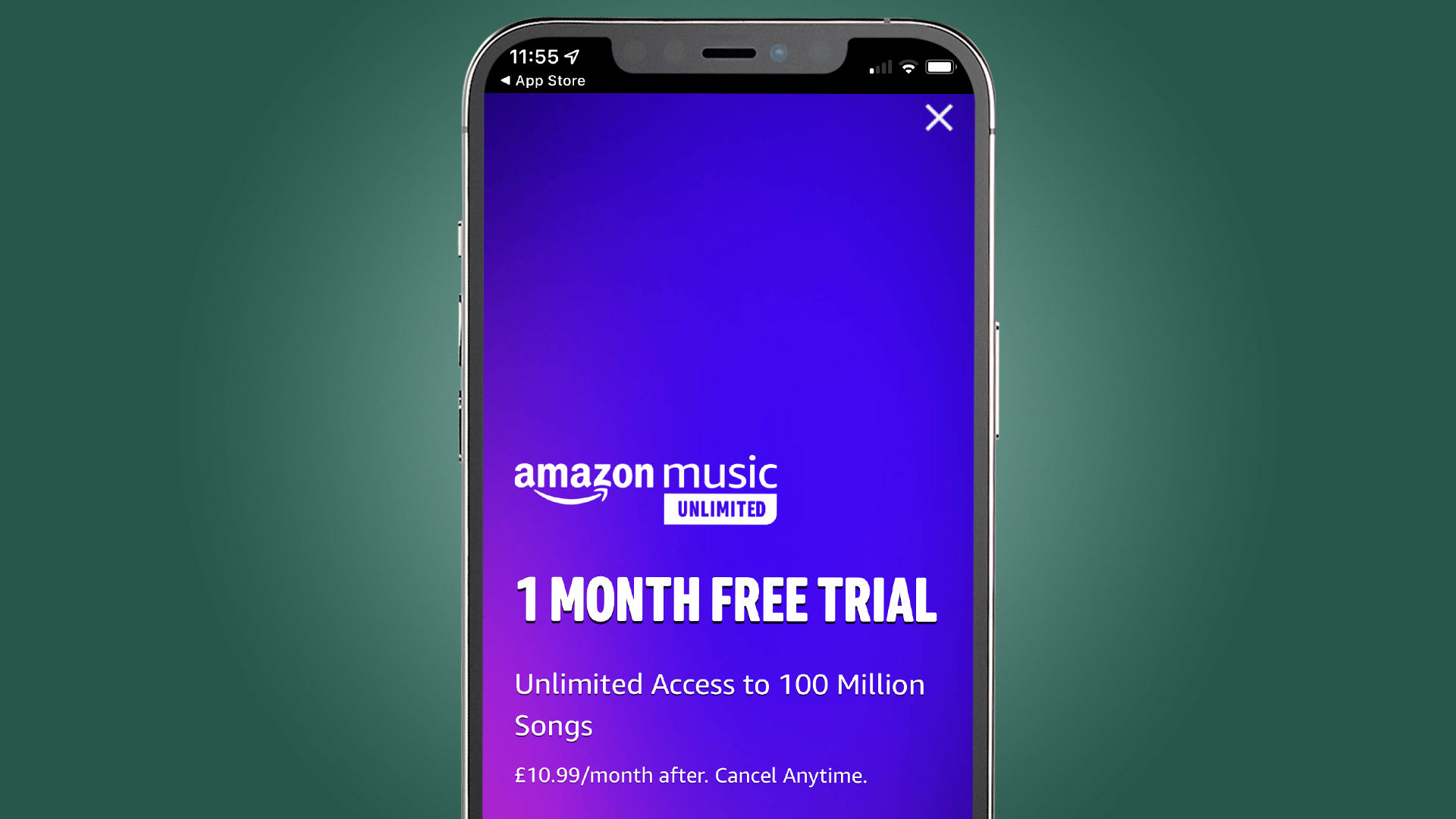 Телефон, показывающий бесплатная пробная версия Amazon Music Unlimited