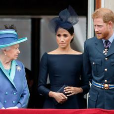 london, united kingdom july 10 embargoed for publication in uk newspapers until 24 hours after create date and time queen elizabeth ii, meghan, duchess of sussex and prince harry, duke of sussex watch a flypast to mark the centenary of the royal air force from the balcony of buckingham palace on july 10, 2018 in london, england the 100th birthday of the raf, which was founded on on 1 april 1918, was marked with a centenary parade with the presentation of a new queen's colour and flypast of 100 aircraft over buckingham palace photo by max mumbyindigogetty images