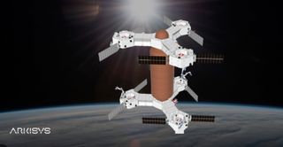 The planned Arkisys Port in orbit to serve as a robotic platform for satellite assembly.