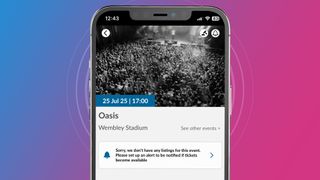 A phone screen on a pink and blue background showing the Oasis pre-sale sign-up page