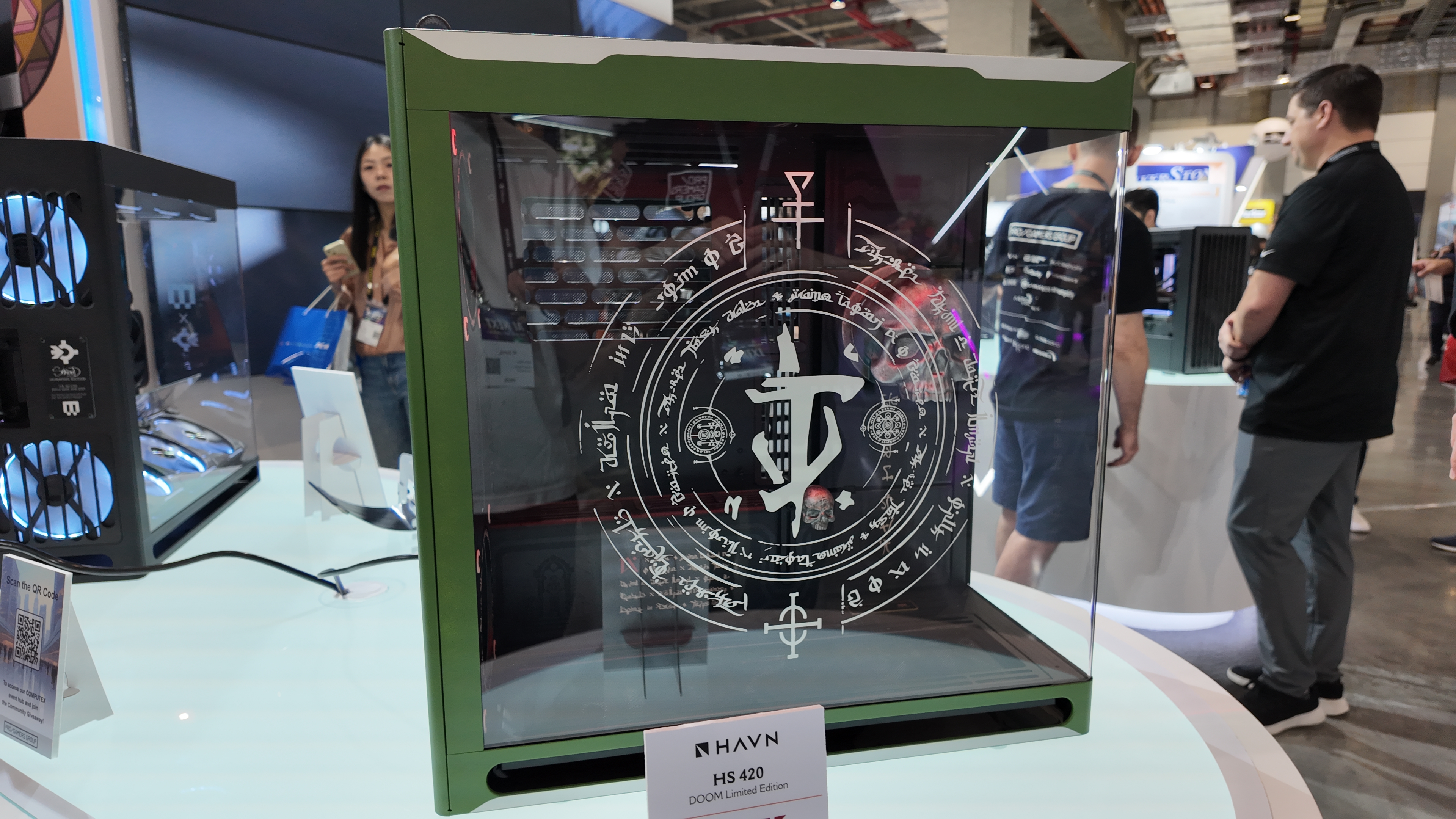 The Doom special edition of Havn's HS 420 PC case on display at Computex 2025.