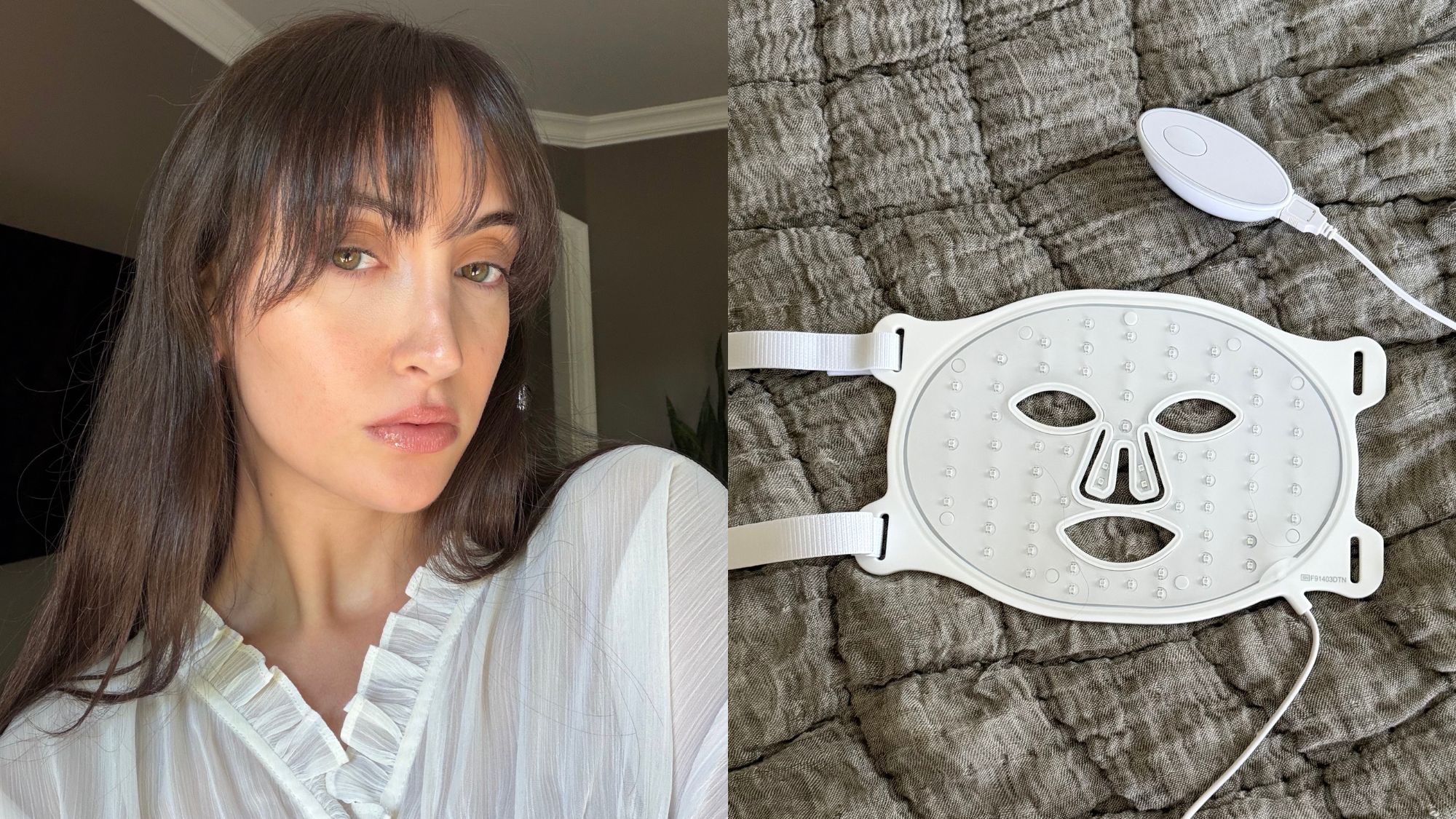 A split image of Who What Wear associate beauty editor Alyssa Brascia after 14 days of wearing the Omnilux Contour Face Mask and the device lying on a bedspread.