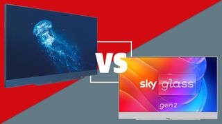 Sky Glass Gen 2 and Gen 1 TVs on a red and grey background with a 'versus' sign between them.