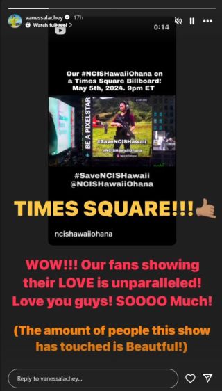 Save NCIS: Hawai'i Times square billboard, with notes of support from Vanessa Lachey
